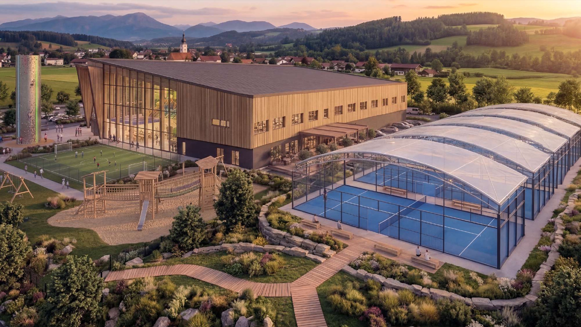 Außenansicht des Salziland Komplexes mit Padelplätzen