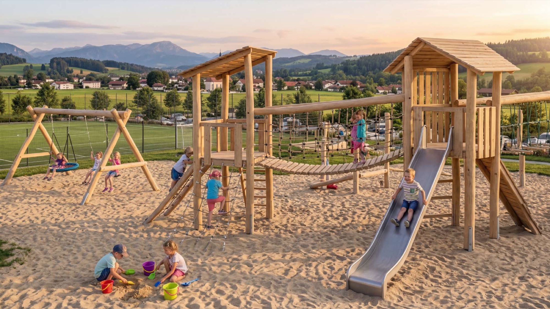 Außenbereich mit Holzspielplatz